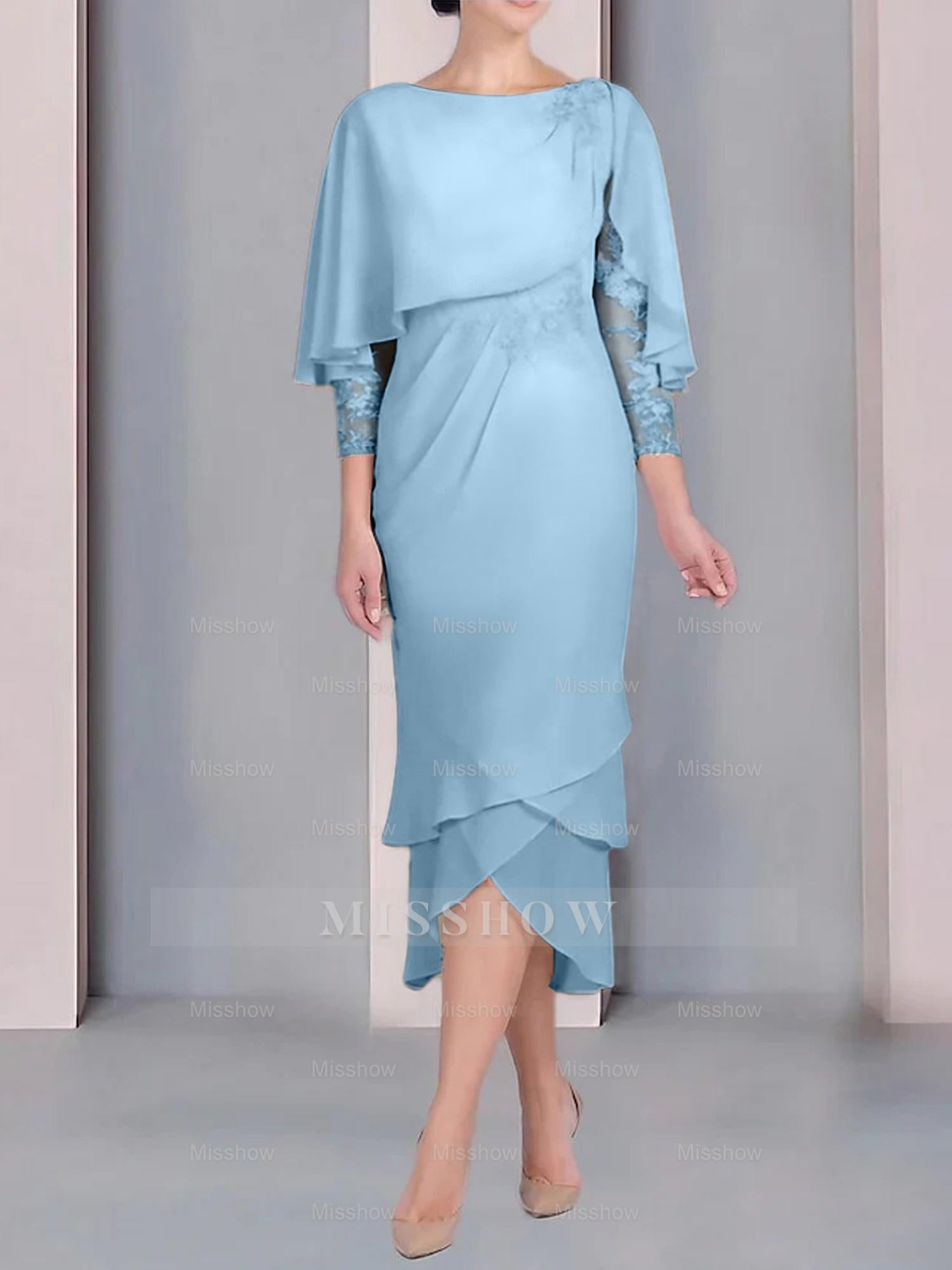 Tea-Length Mother of the Bride Dress with Scoop Neck Short Sleeves and Appliqued Lace