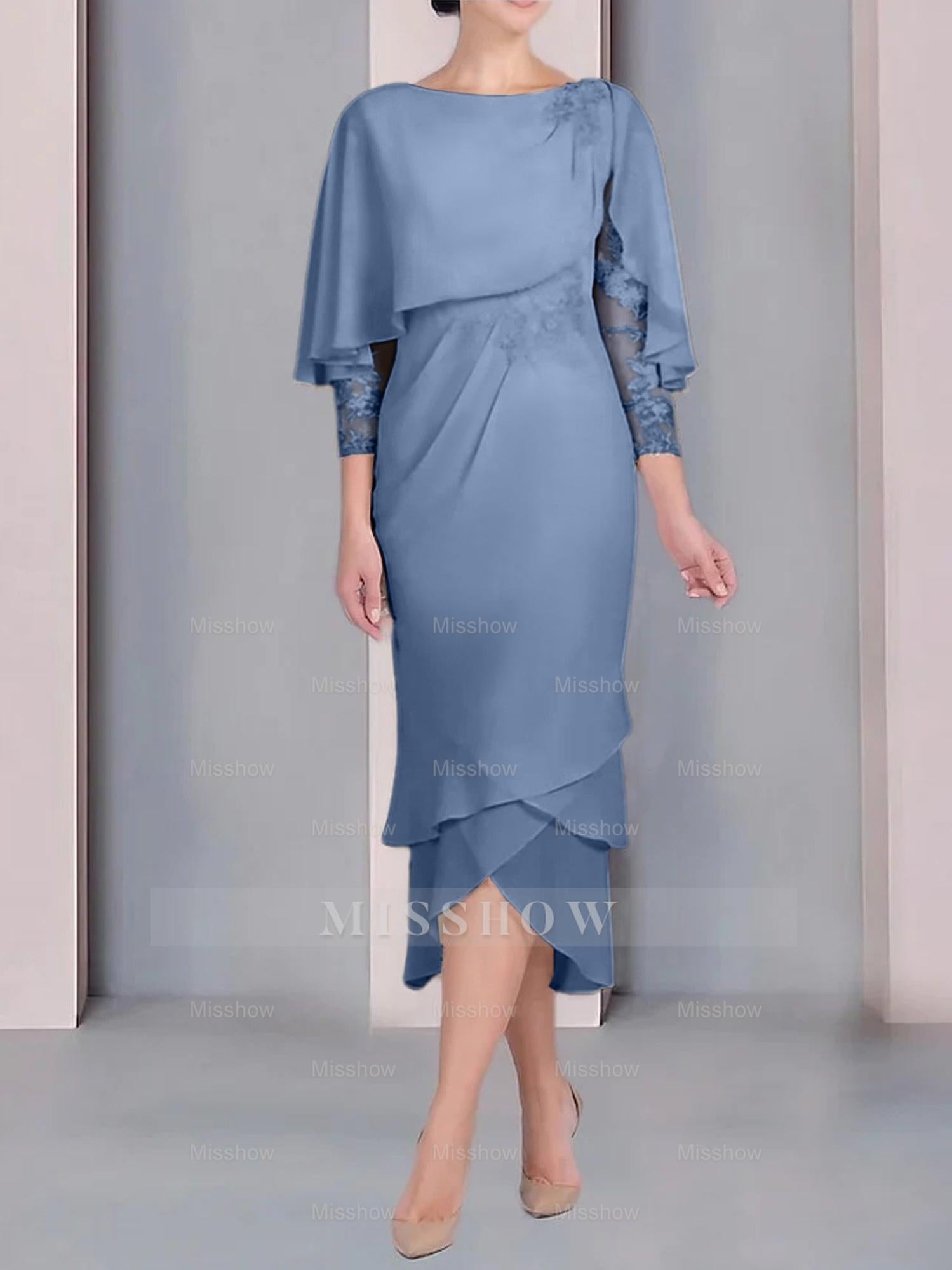 Tea-Length Mother of the Bride Dress with Scoop Neck Short Sleeves and Appliqued Lace