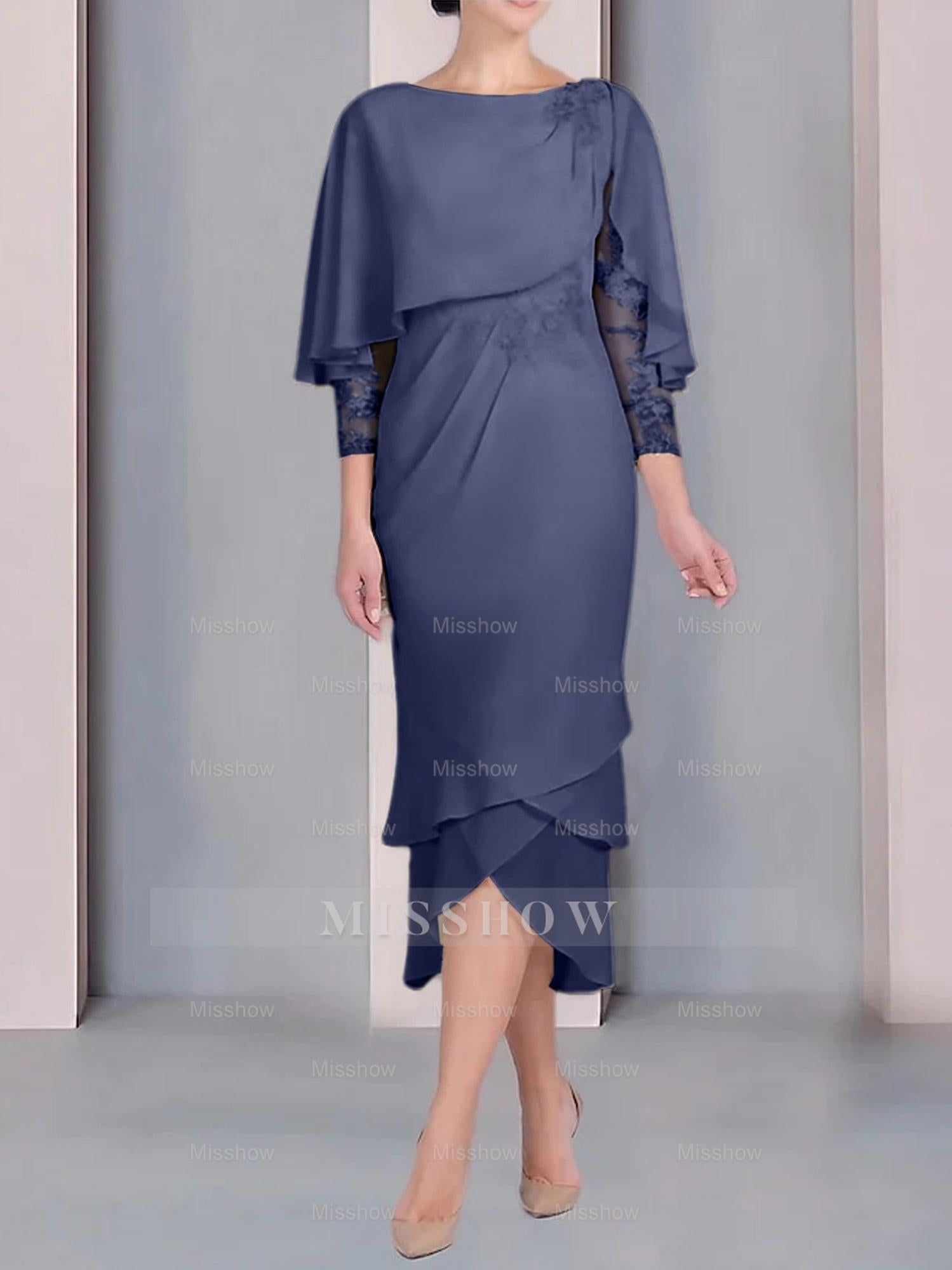 Tea-Length Mother of the Bride Dress with Scoop Neck Short Sleeves and Appliqued Lace