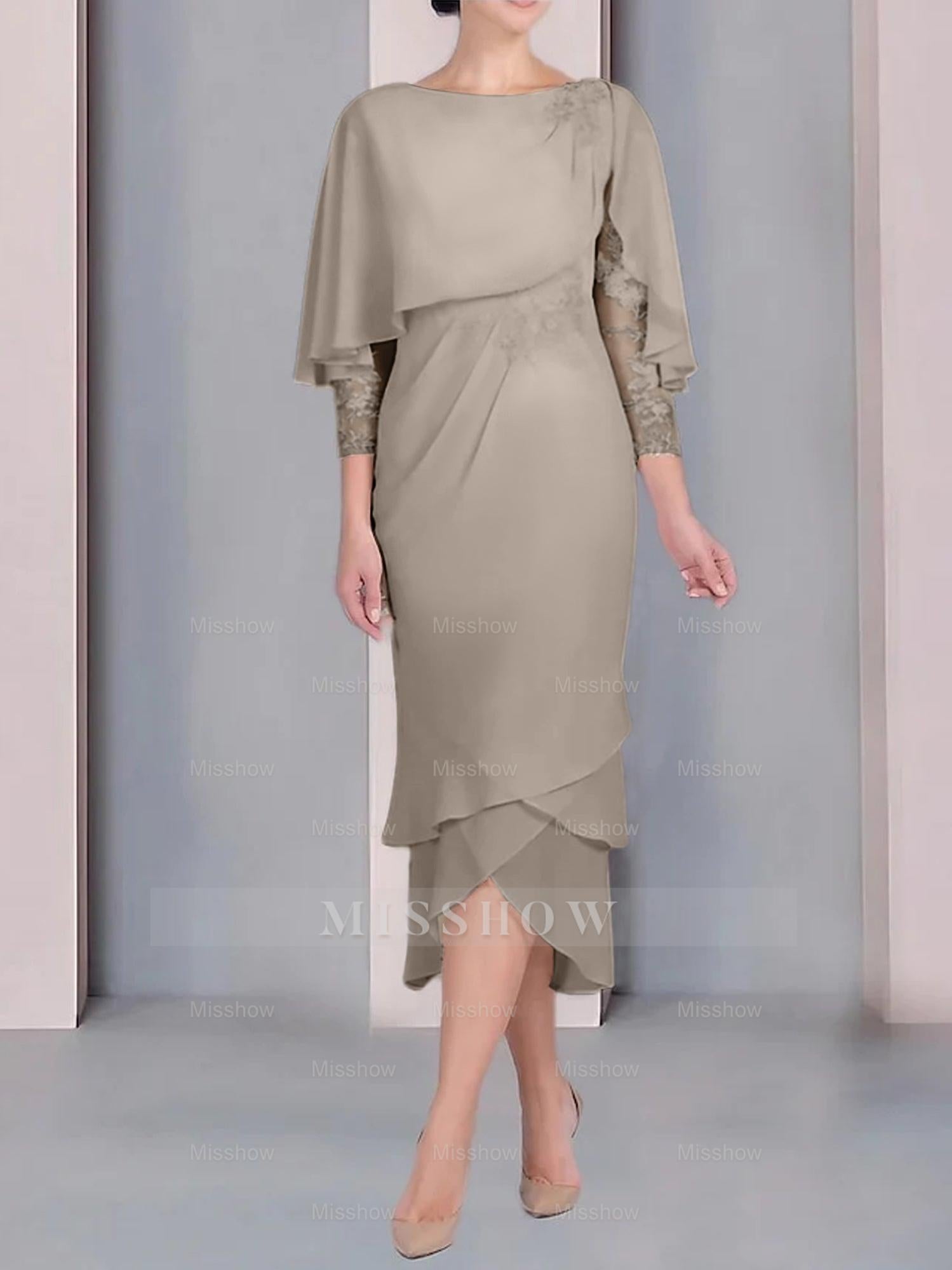 Tea-Length Mother of the Bride Dress with Scoop Neck Short Sleeves and Appliqued Lace