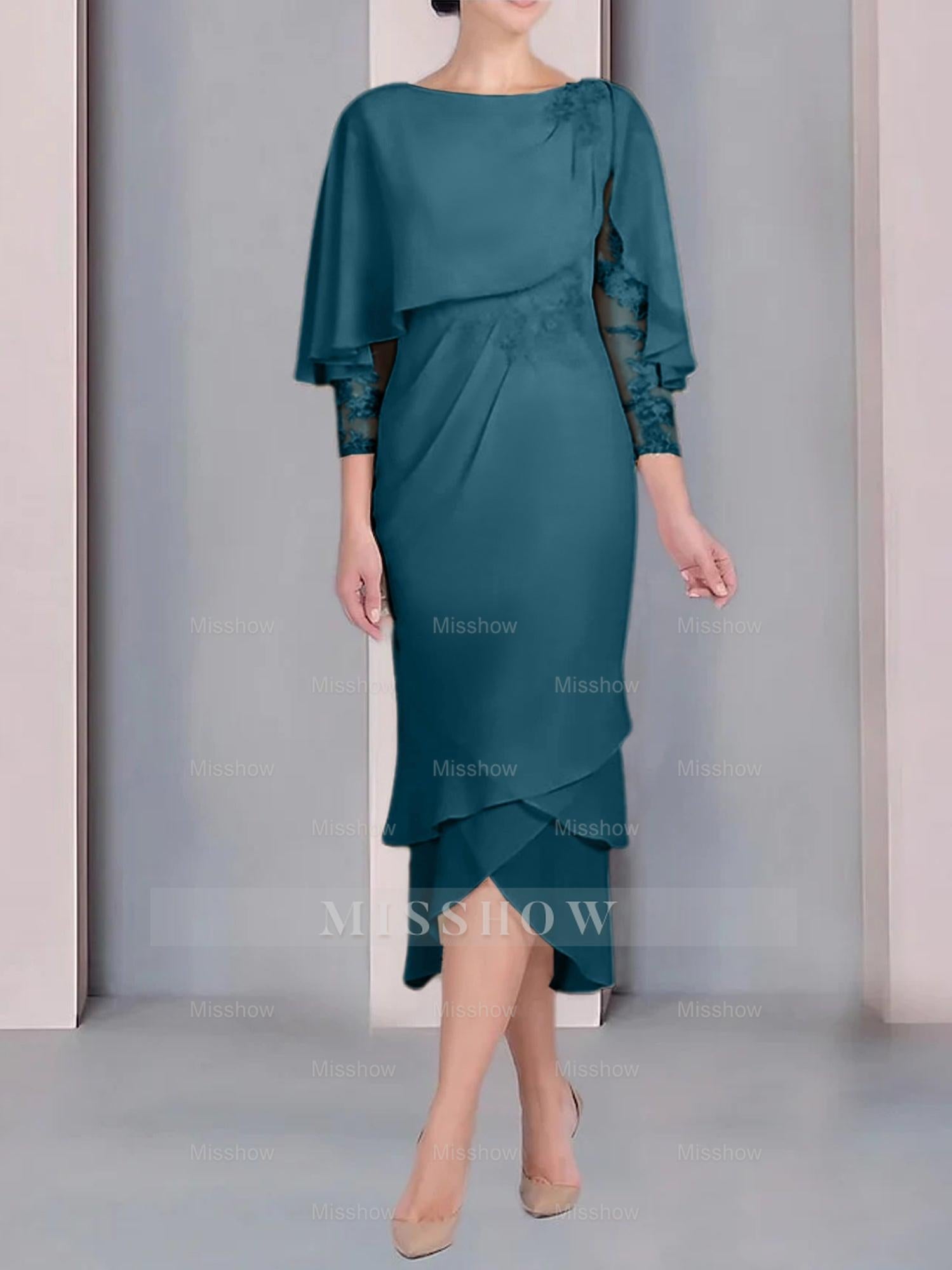 Tea-Length Mother of the Bride Dress with Scoop Neck Short Sleeves and Appliqued Lace