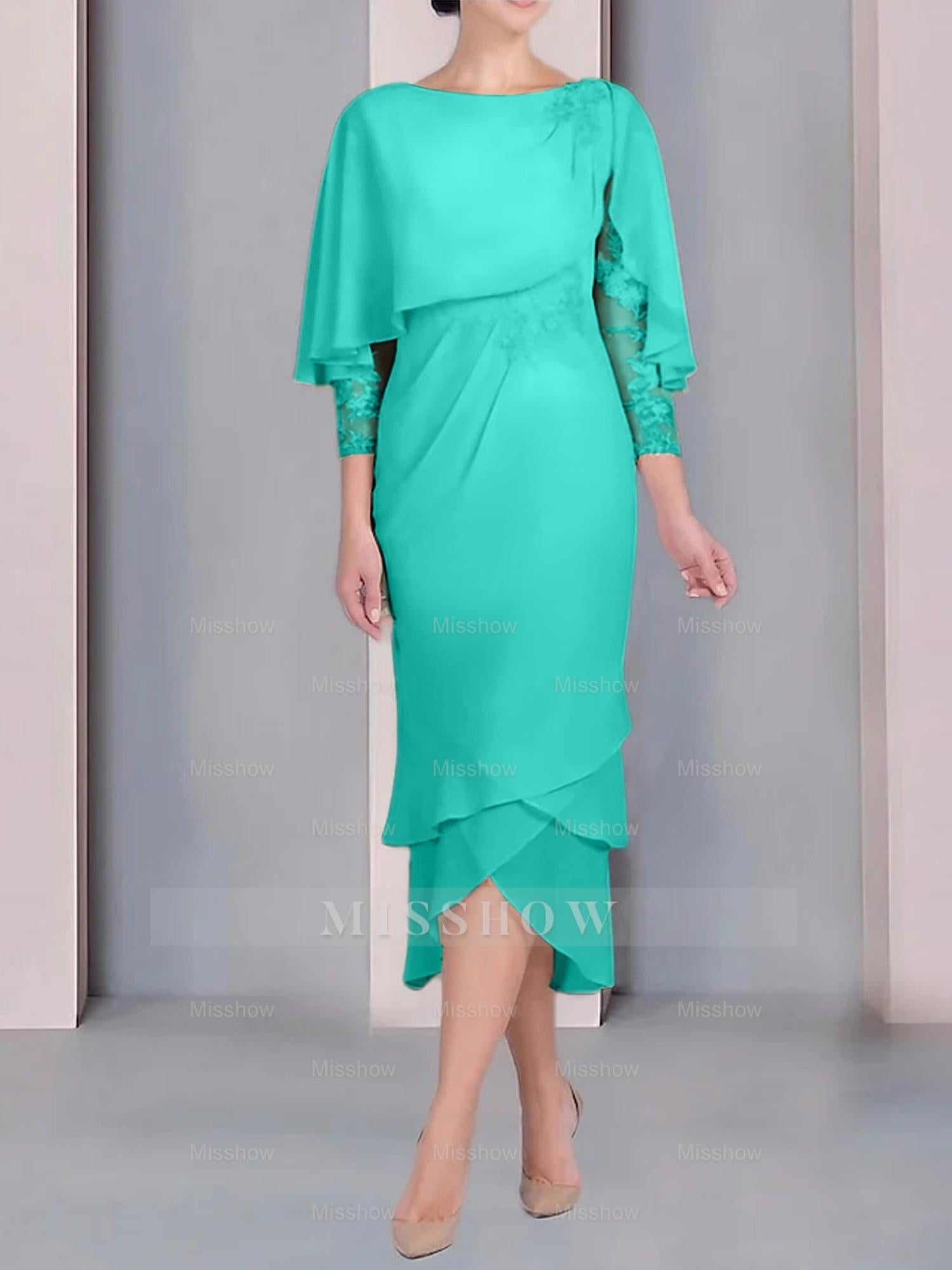 Tea-Length Mother of the Bride Dress with Scoop Neck Short Sleeves and Appliqued Lace