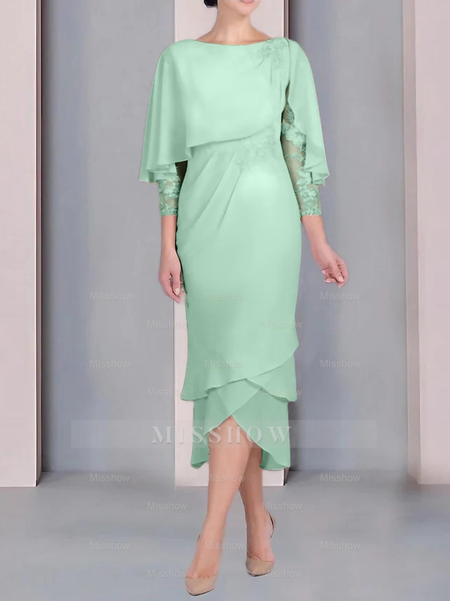 Tea-Length Mother of the Bride Dress with Scoop Neck Short Sleeves and Appliqued Lace