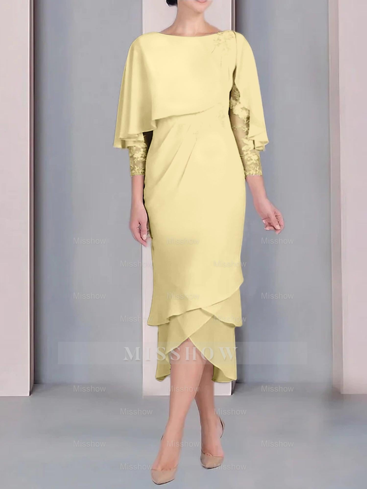 Tea-Length Mother of the Bride Dress with Scoop Neck Short Sleeves and Appliqued Lace