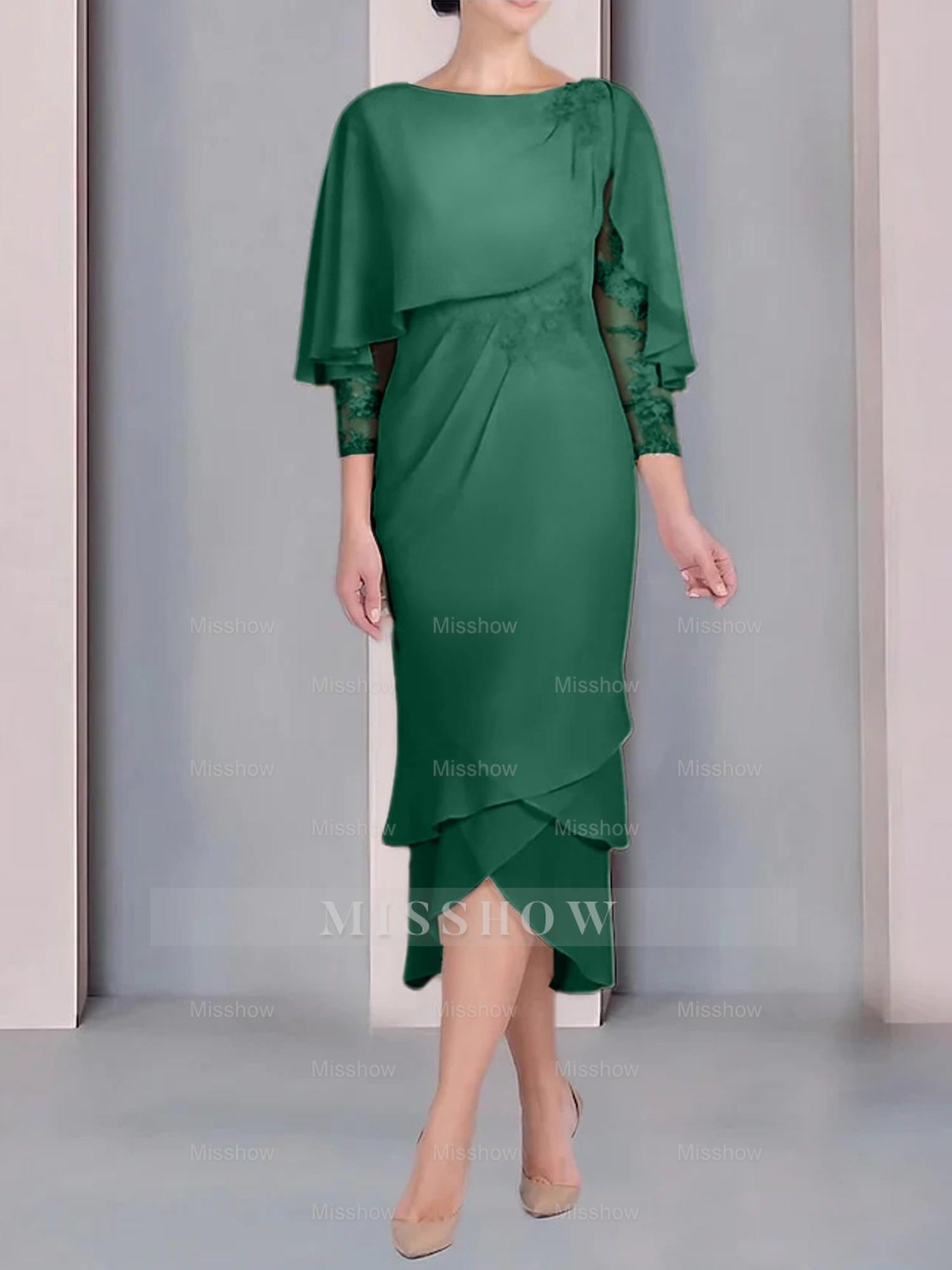 Tea-Length Mother of the Bride Dress with Scoop Neck Short Sleeves and Appliqued Lace