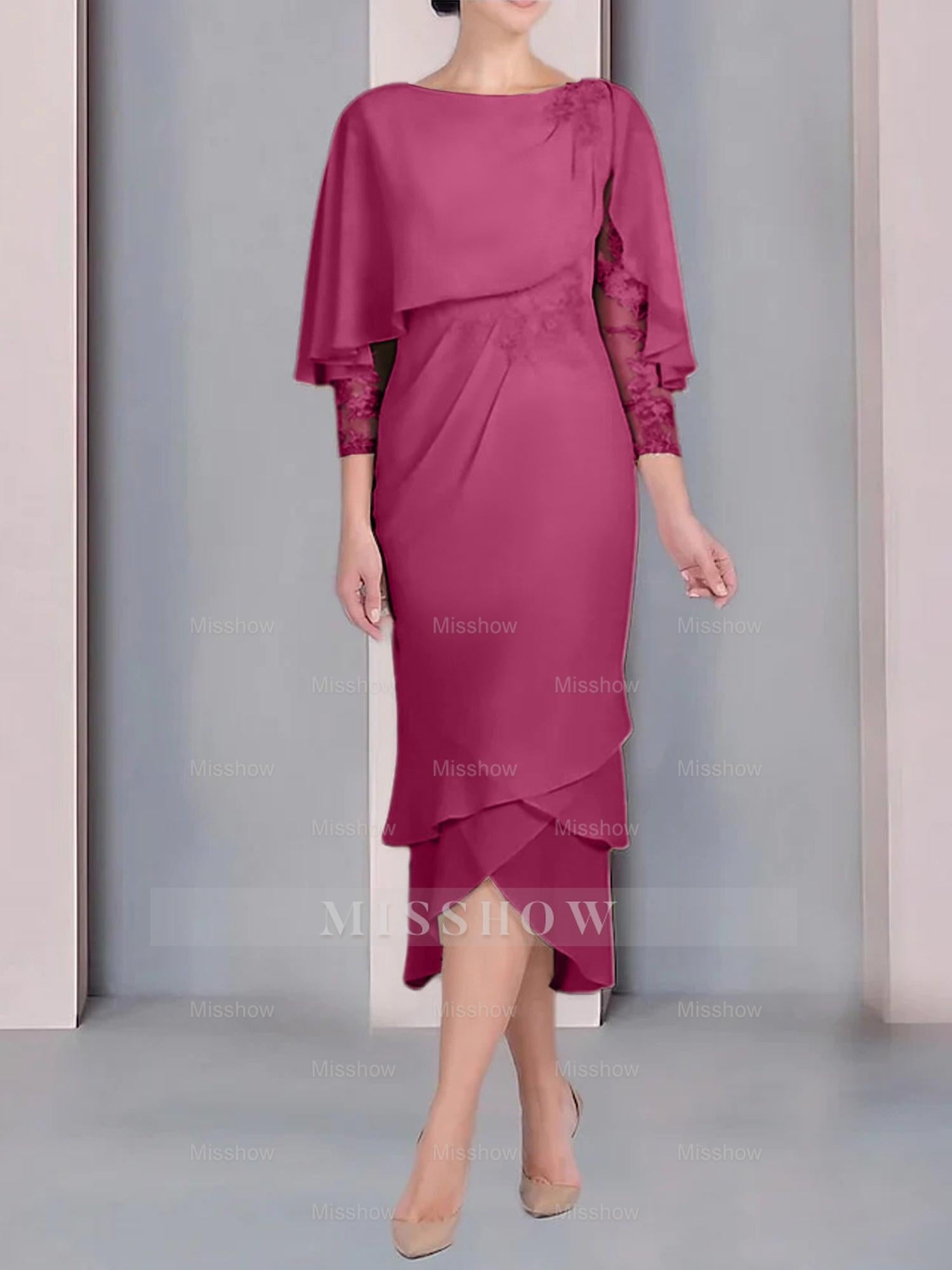 Tea-Length Mother of the Bride Dress with Scoop Neck Short Sleeves and Appliqued Lace