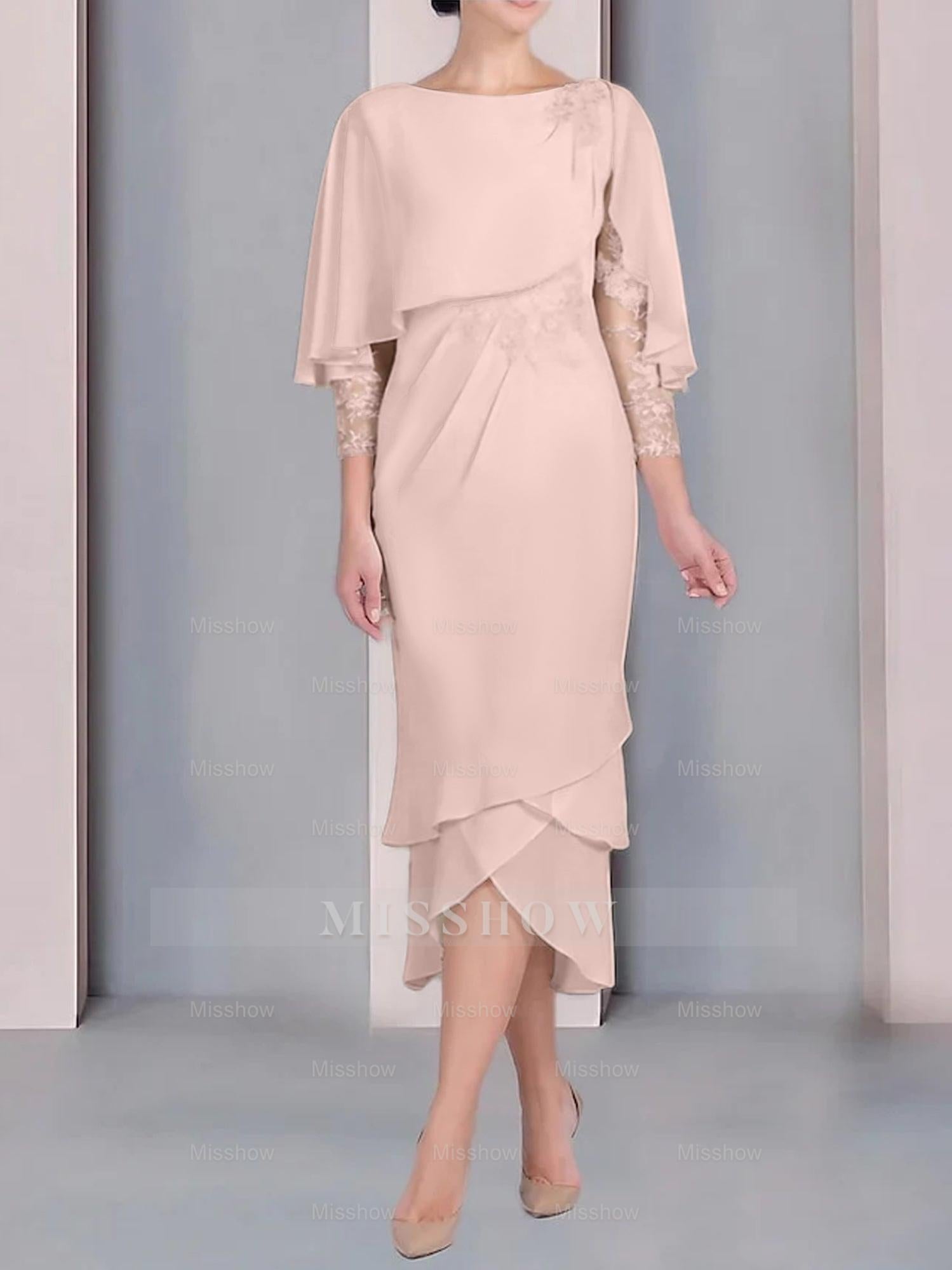 Tea-Length Mother of the Bride Dress with Scoop Neck Short Sleeves and Appliqued Lace