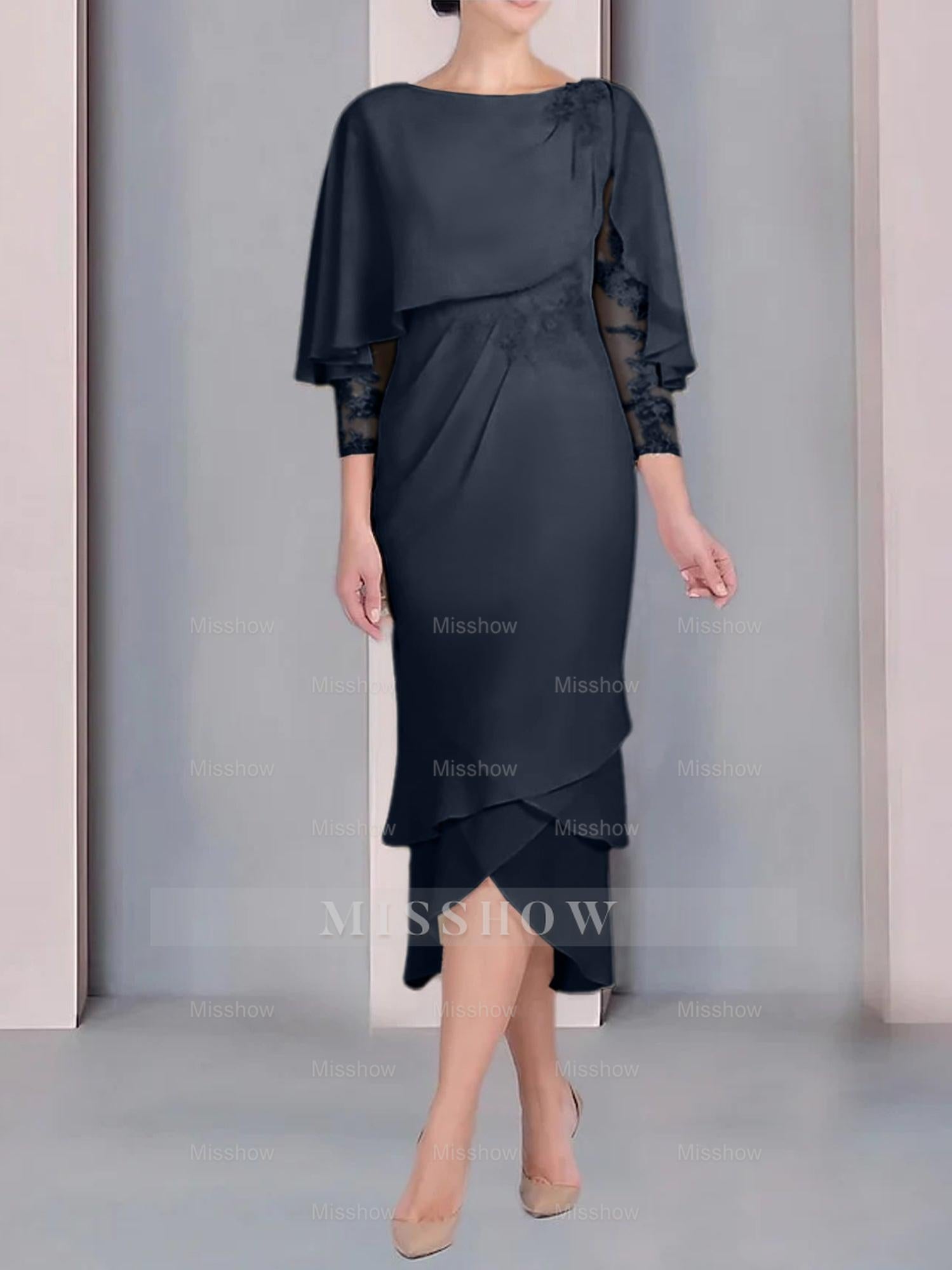 Tea-Length Mother of the Bride Dress with Scoop Neck Short Sleeves and Appliqued Lace