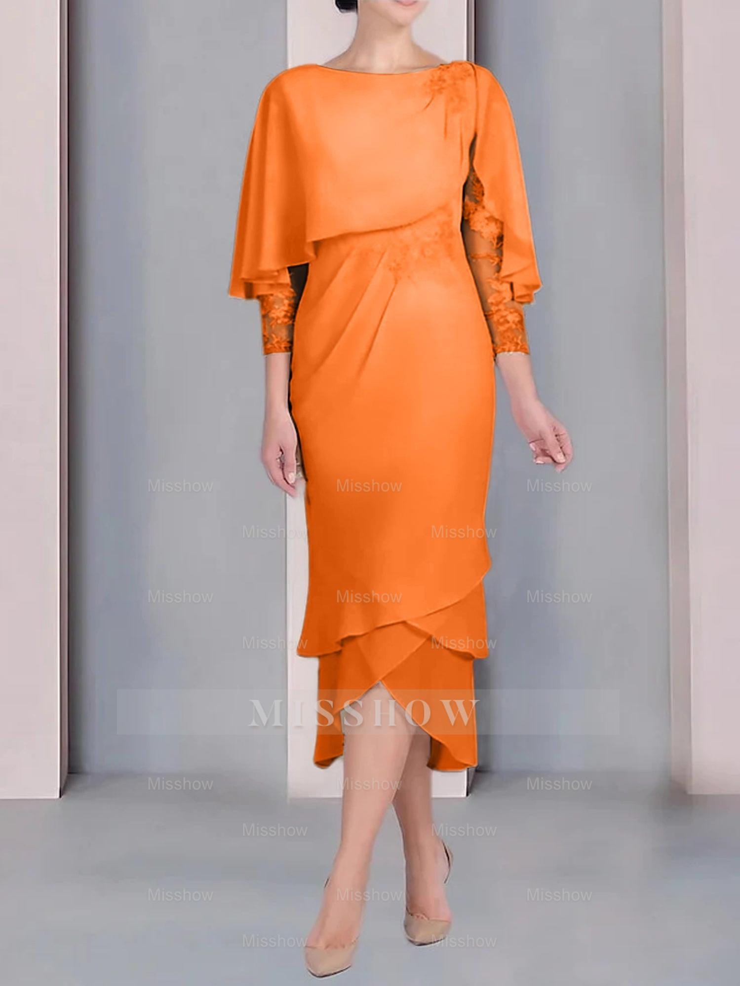 Tea-Length Mother of the Bride Dress with Scoop Neck Short Sleeves and Appliqued Lace