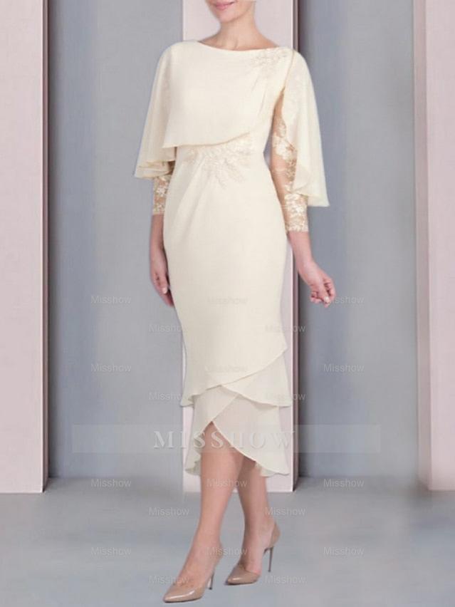 Tea-Length Mother of the Bride Dress with Scoop Neck Short Sleeves and Appliqued Lace