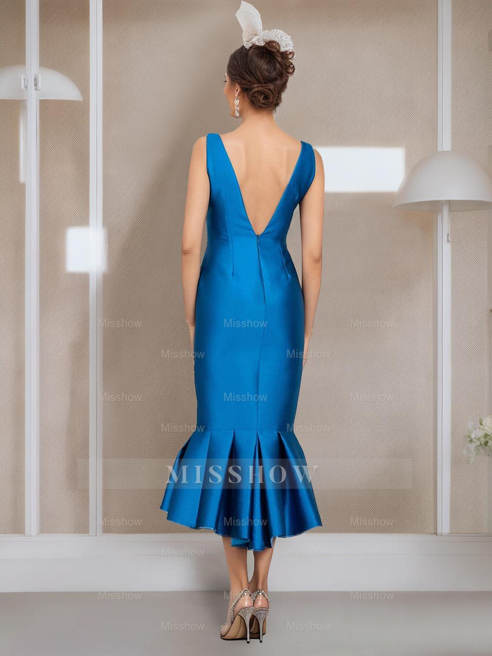 Tea-Length Mother of the Bride Dresses with Buttons Jewel Neck and Half Sleeves in Mermaid/Trumpet Style