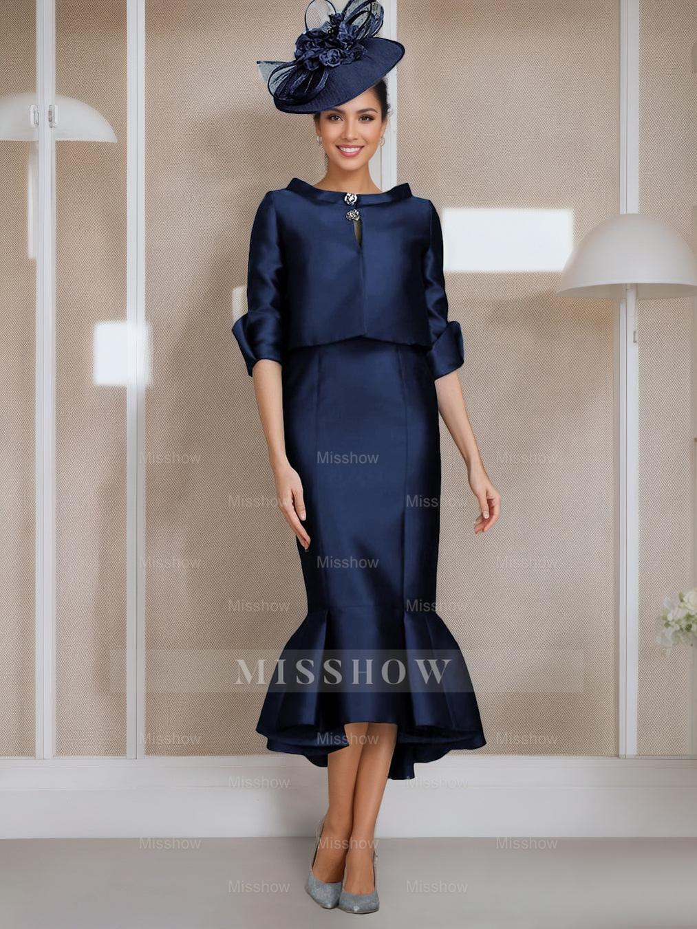 Tea-Length Mother of the Bride Dresses with Buttons Jewel Neck and Half Sleeves in Mermaid/Trumpet Style
