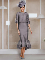Tea-Length Mother of the Bride Dresses with Buttons Jewel Neck and Half Sleeves in Mermaid/Trumpet Style