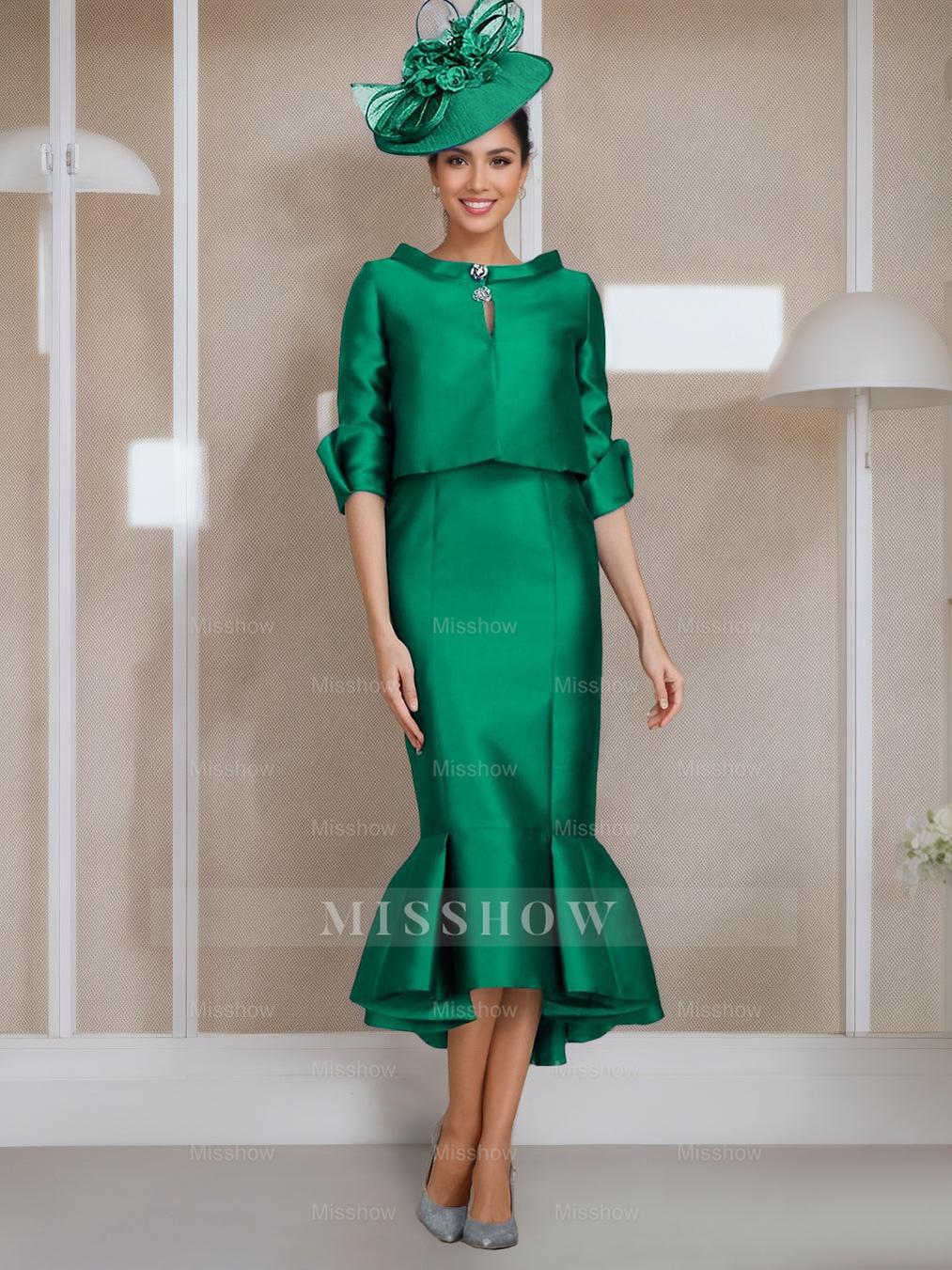 Tea-Length Mother of the Bride Dresses with Buttons Jewel Neck and Half Sleeves in Mermaid/Trumpet Style