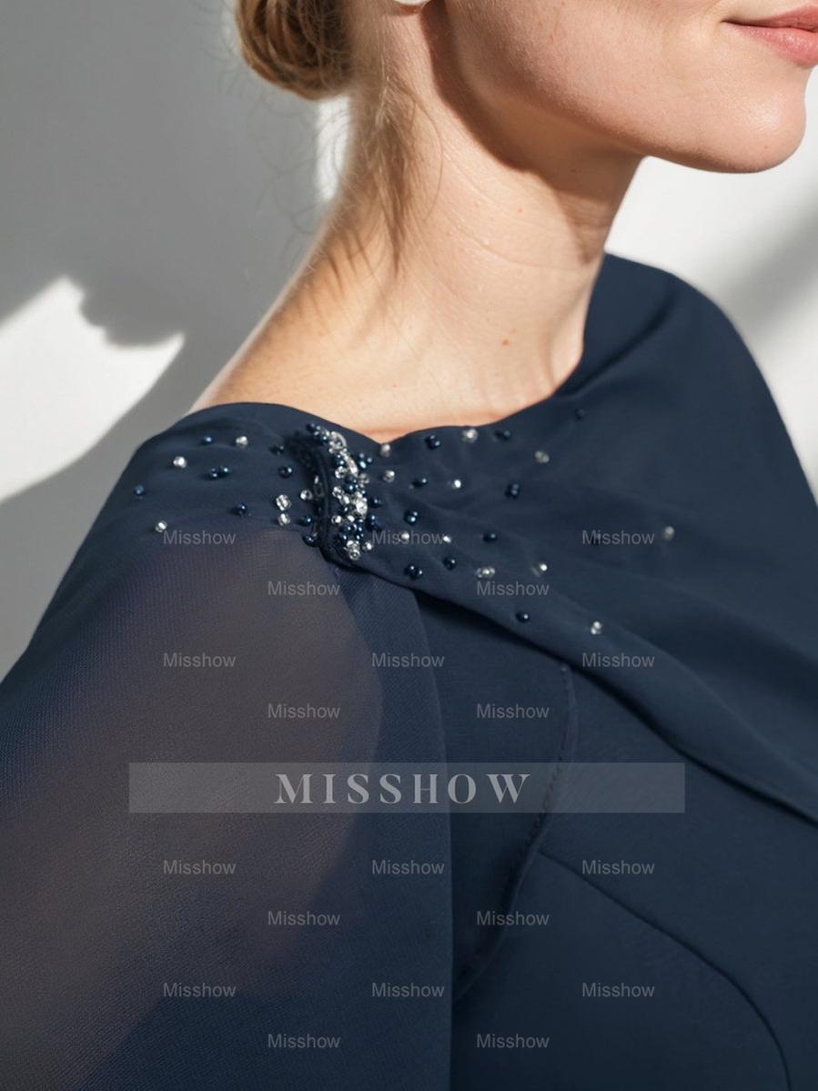 Tea-Length Mother of the Bride Sheath Dress with Detachable Beaded Cape and Ruffles