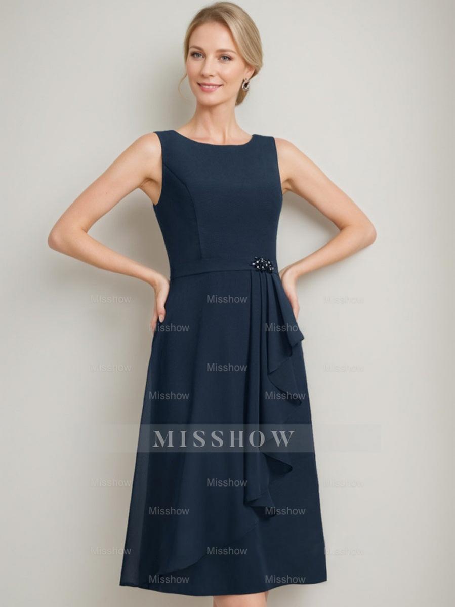 Tea-Length Mother of the Bride Sheath Dress with Detachable Beaded Cape and Ruffles