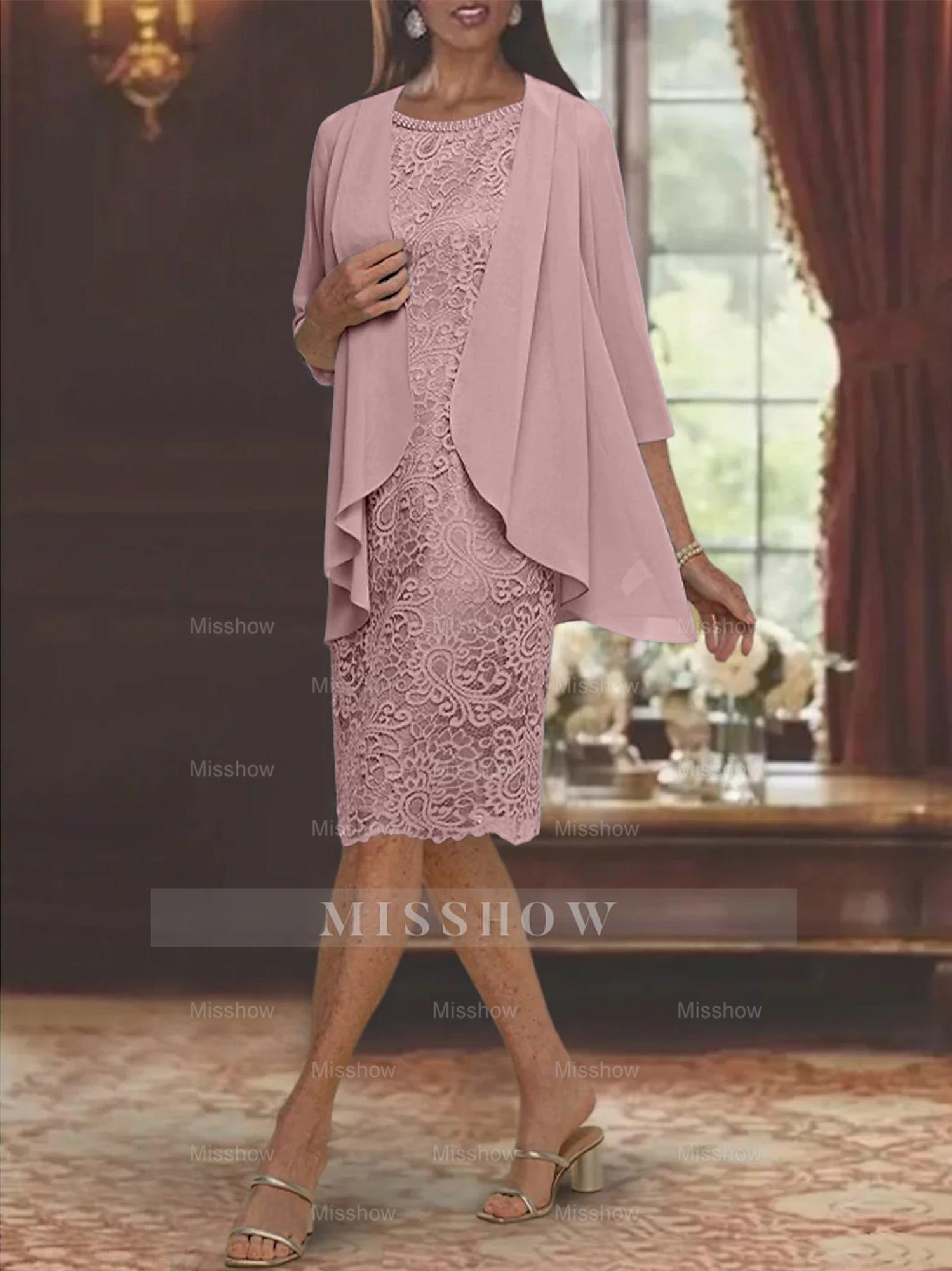 Tea-Length Mother of the Bride Sheath/Column Jewel Neck Dresses