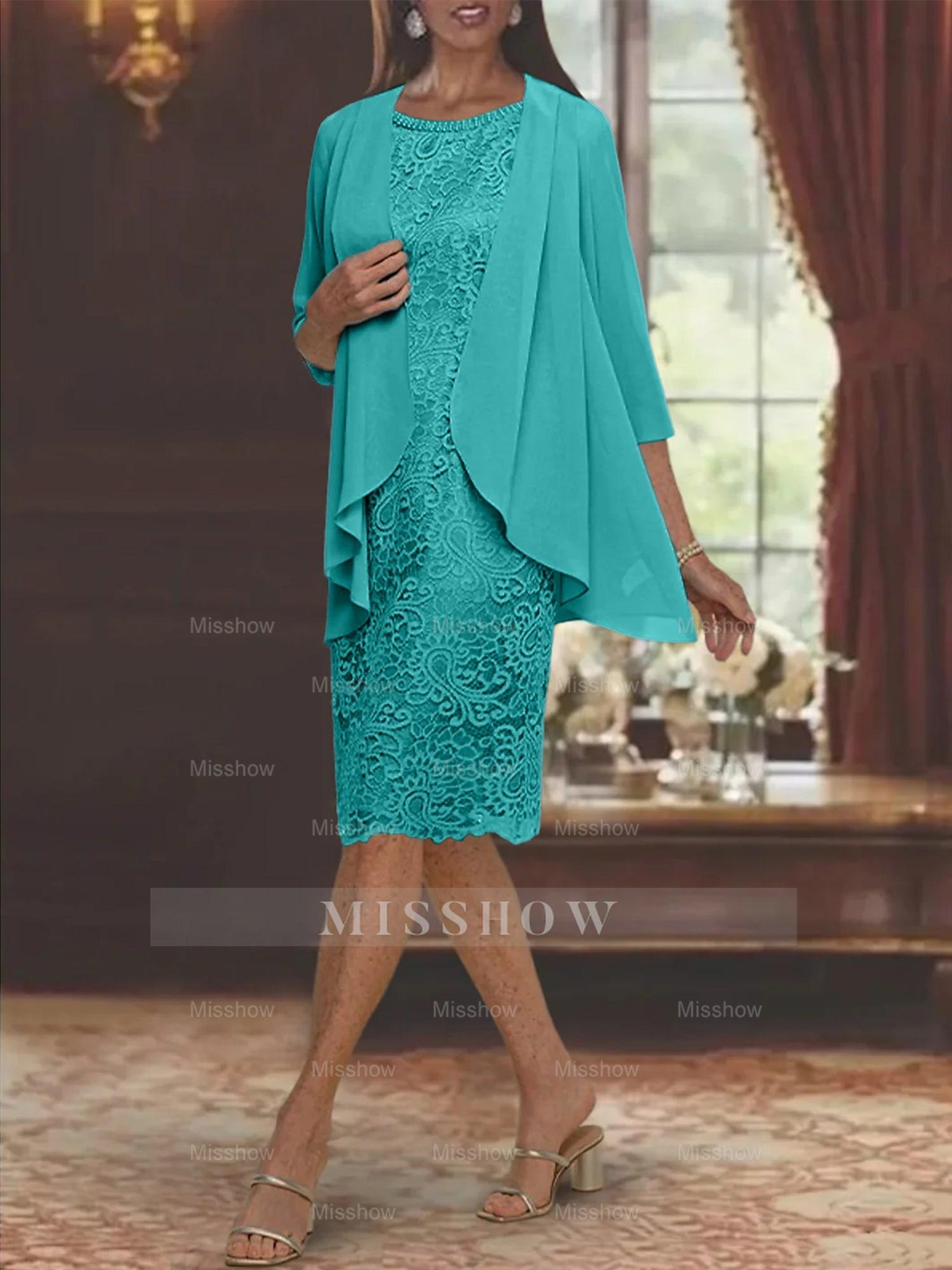 Tea-Length Mother of the Bride Sheath/Column Jewel Neck Dresses