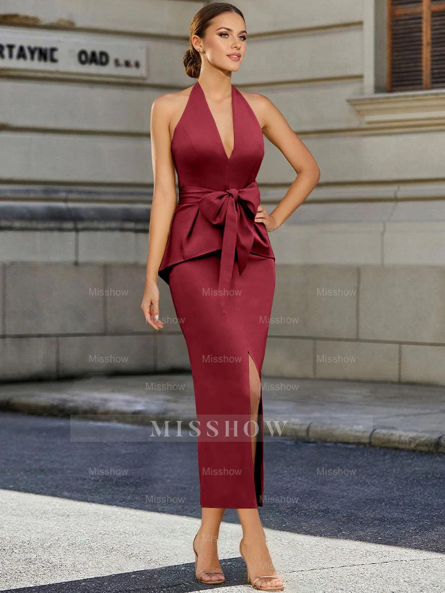 Tea-Length Sleeveless Halter Mother of the Bride Dress with Bowknot