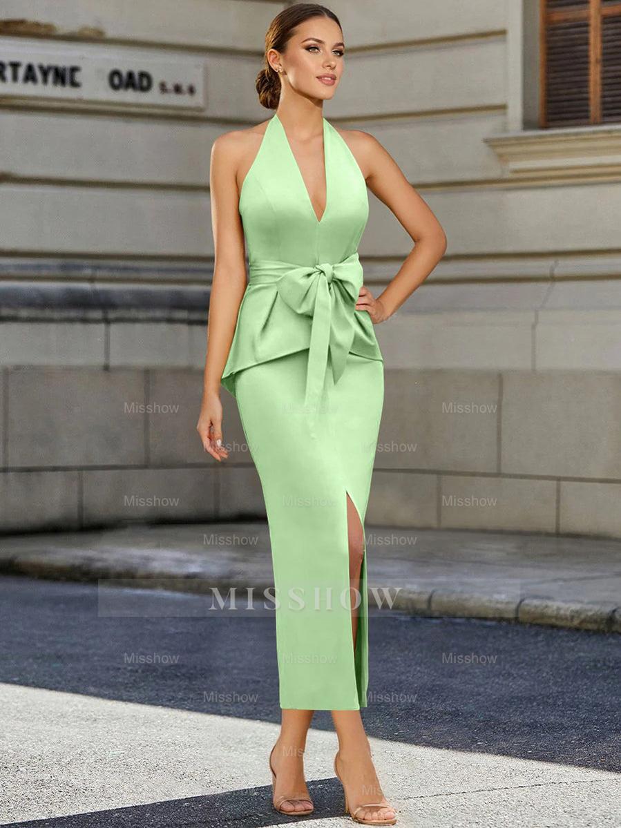 Tea-Length Sleeveless Halter Mother of the Bride Dress with Bowknot