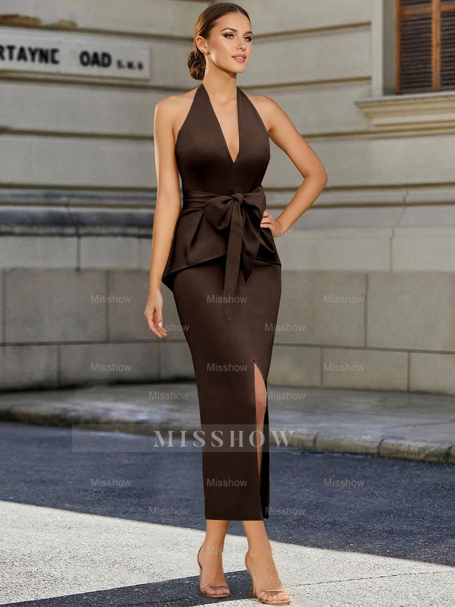 Tea-Length Sleeveless Halter Mother of the Bride Dress with Bowknot