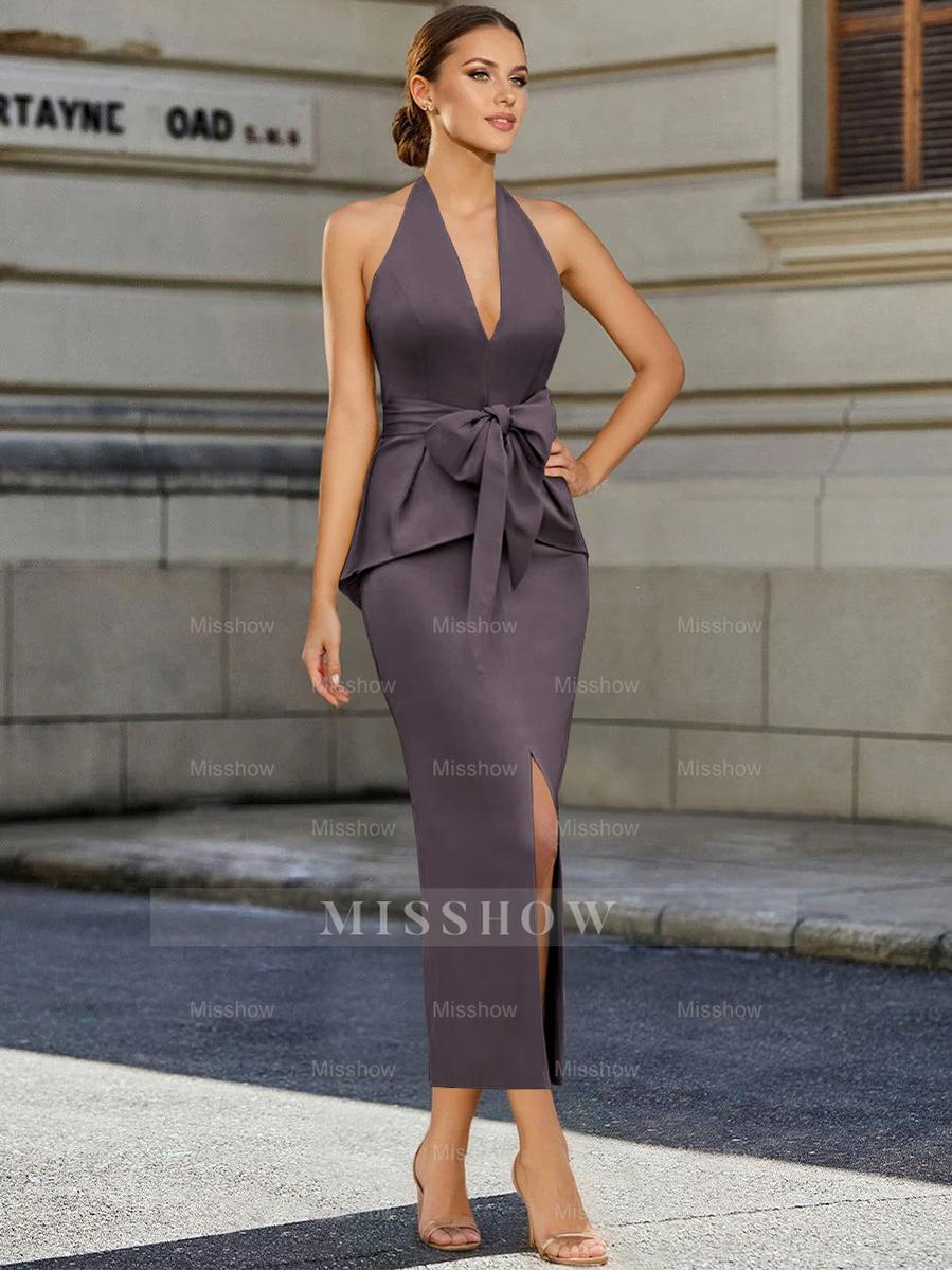 Tea-Length Sleeveless Halter Mother of the Bride Dress with Bowknot