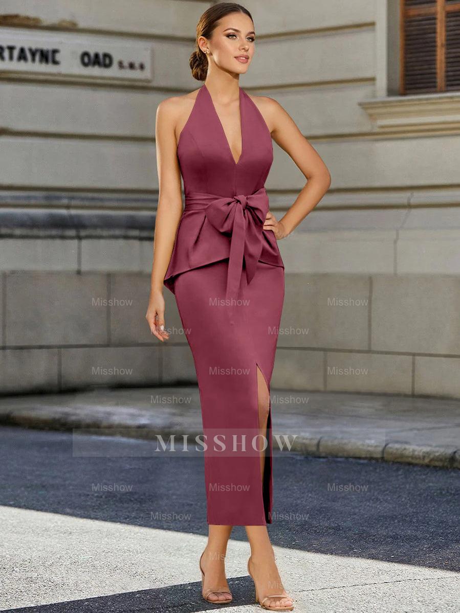 Tea-Length Sleeveless Halter Mother of the Bride Dress with Bowknot