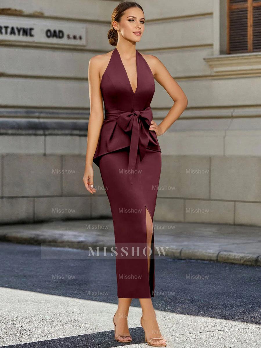 Tea-Length Sleeveless Halter Mother of the Bride Dress with Bowknot