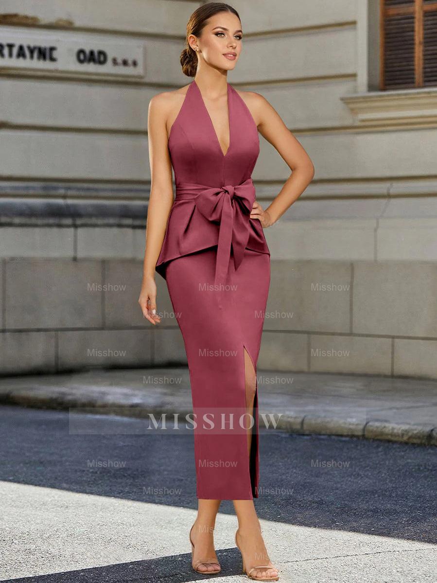 Tea-Length Sleeveless Halter Mother of the Bride Dress with Bowknot