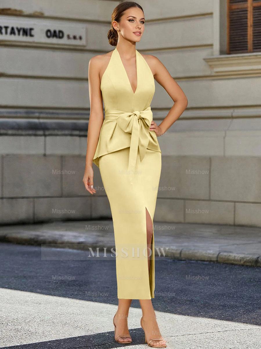 Tea-Length Sleeveless Halter Mother of the Bride Dress with Bowknot