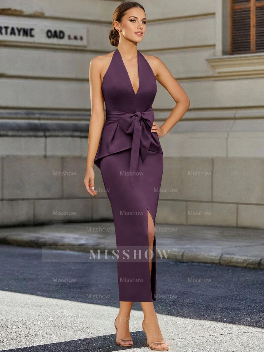 Tea-Length Sleeveless Halter Mother of the Bride Dress with Bowknot