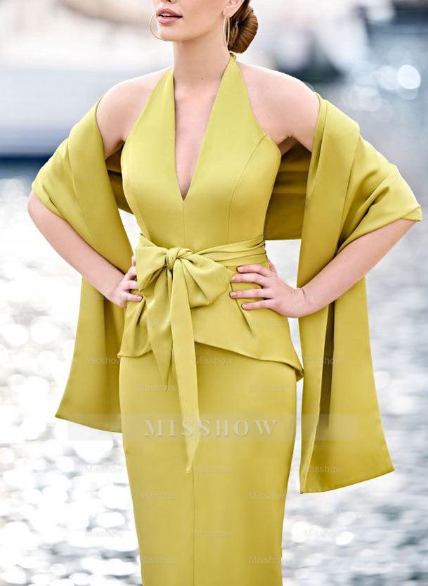 Tea-Length Sleeveless Halter Mother of the Bride Dress with Bowknot