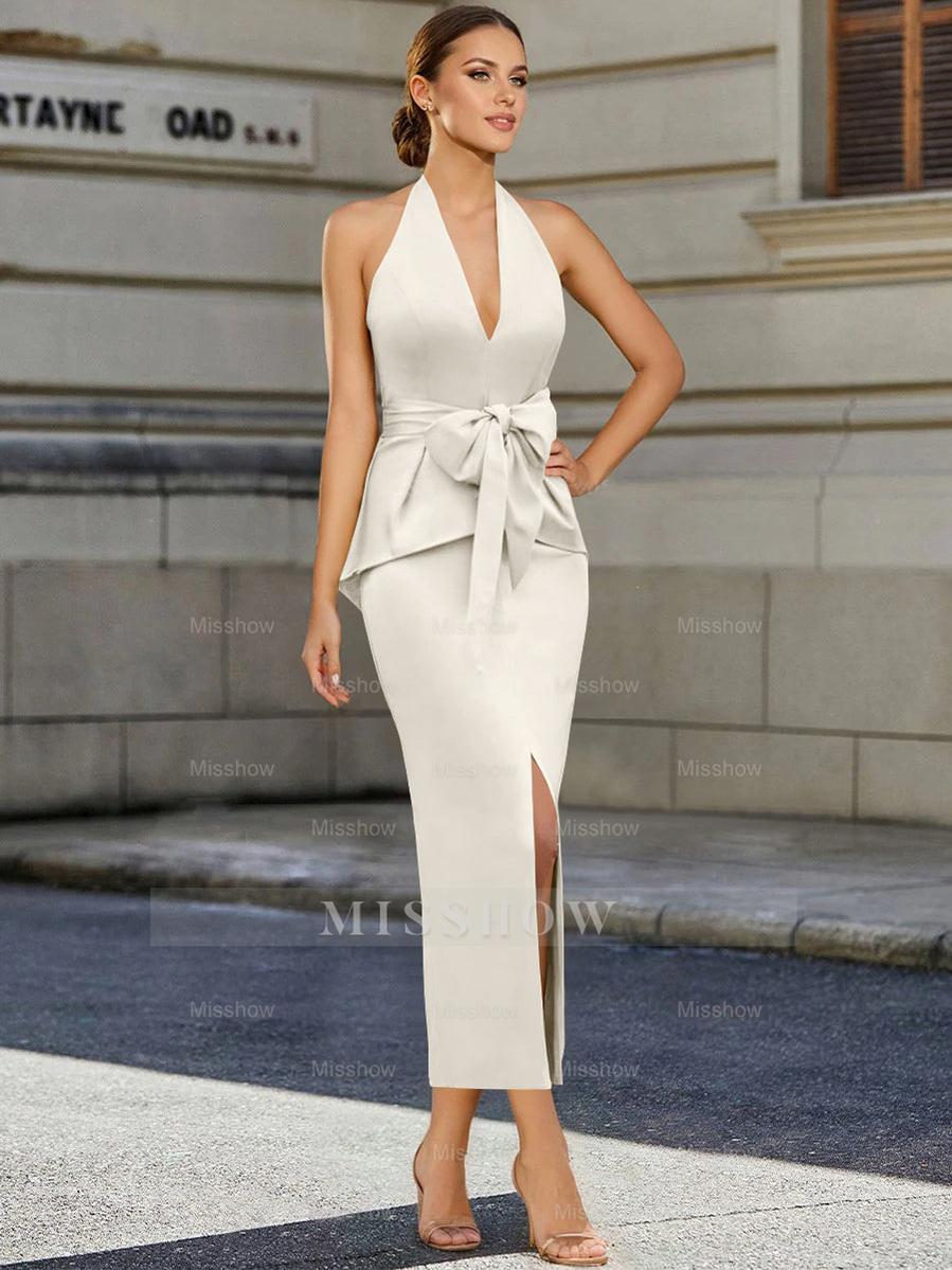 Tea-Length Sleeveless Halter Mother of the Bride Dress with Bowknot