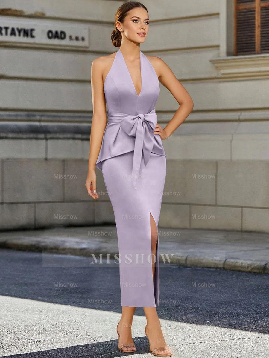 Tea-Length Sleeveless Halter Mother of the Bride Dress with Bowknot