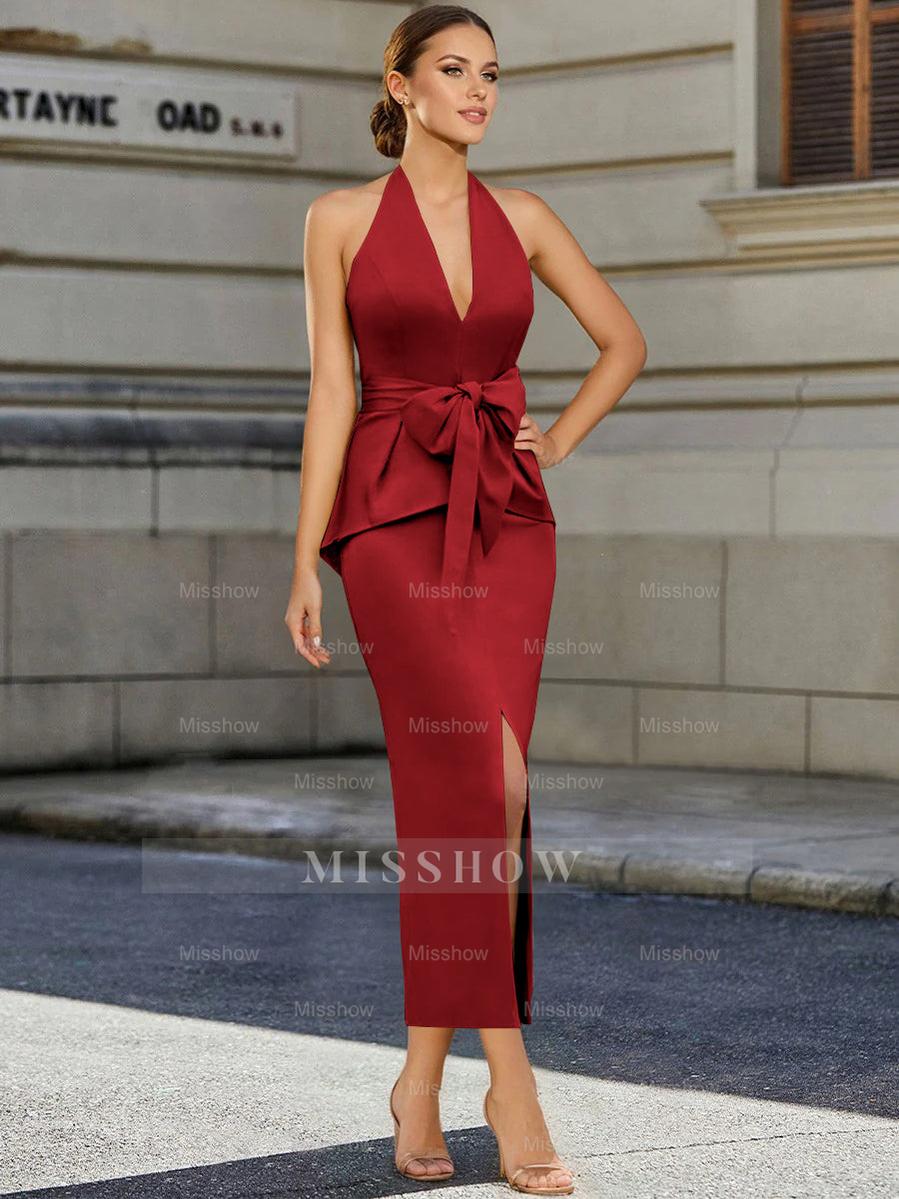 Tea-Length Sleeveless Halter Mother of the Bride Dress with Bowknot