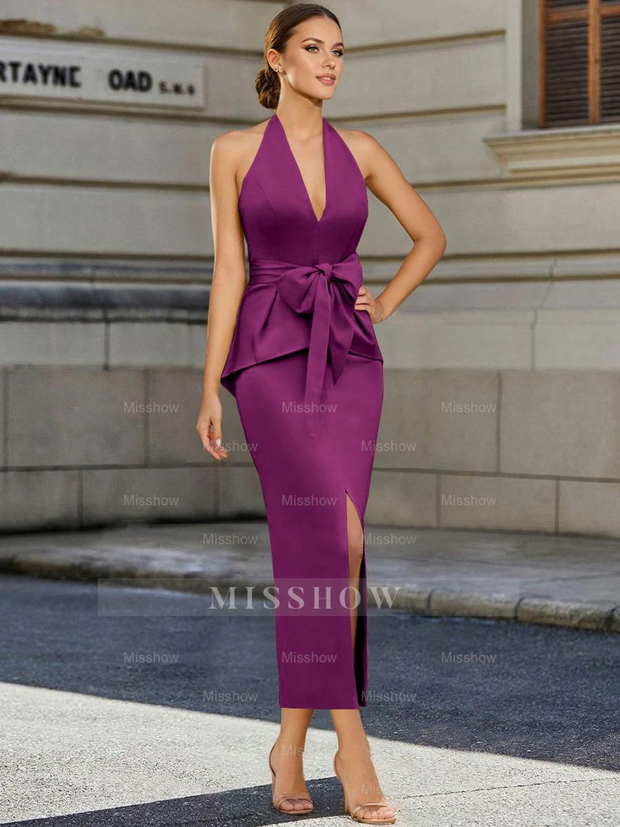 Tea-Length Sleeveless Halter Mother of the Bride Dress with Bowknot