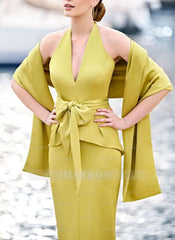 Tea-Length Sleeveless Halter Mother of the Bride Dress with Bowknot