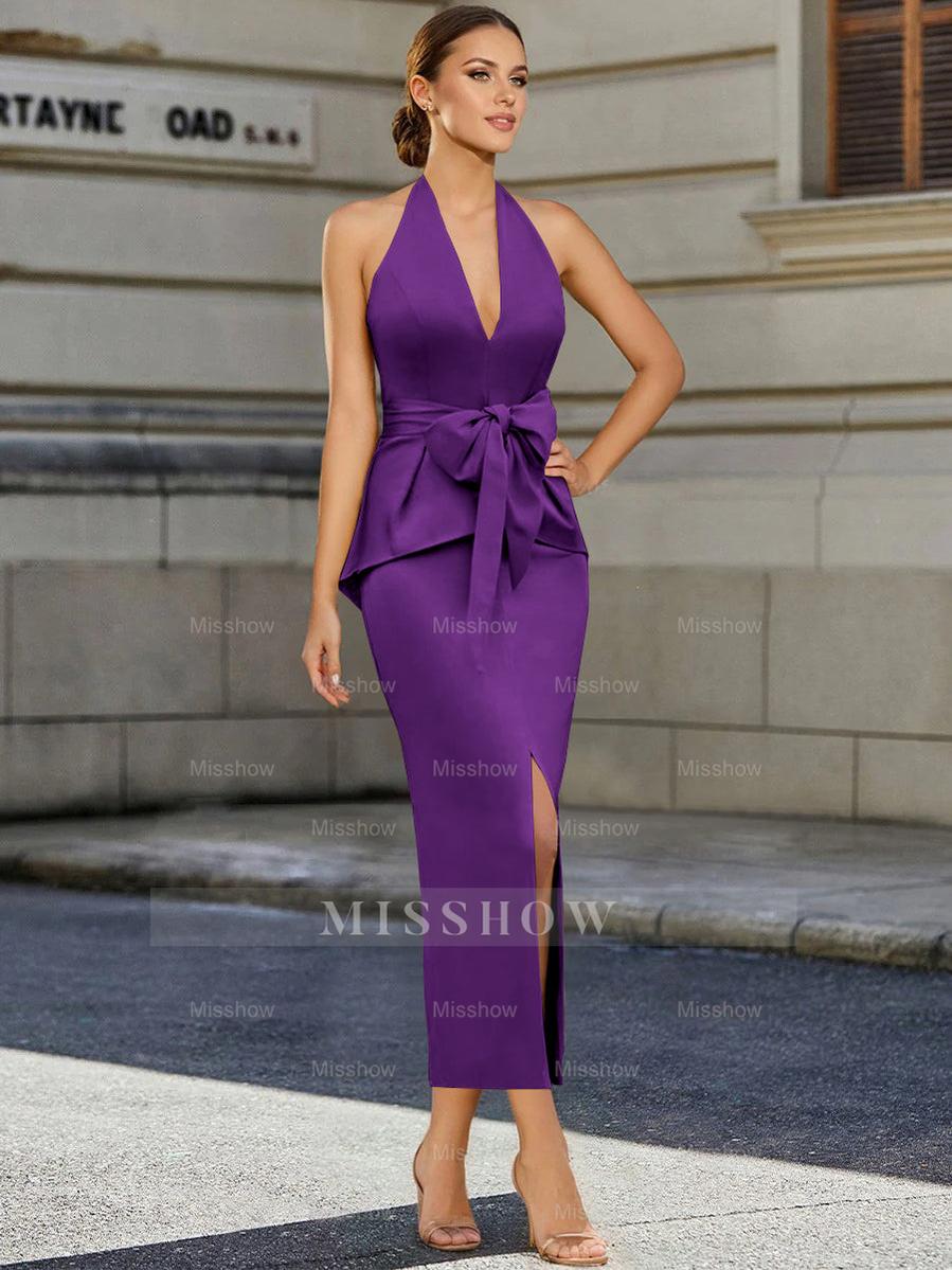 Tea-Length Sleeveless Halter Mother of the Bride Dress with Bowknot