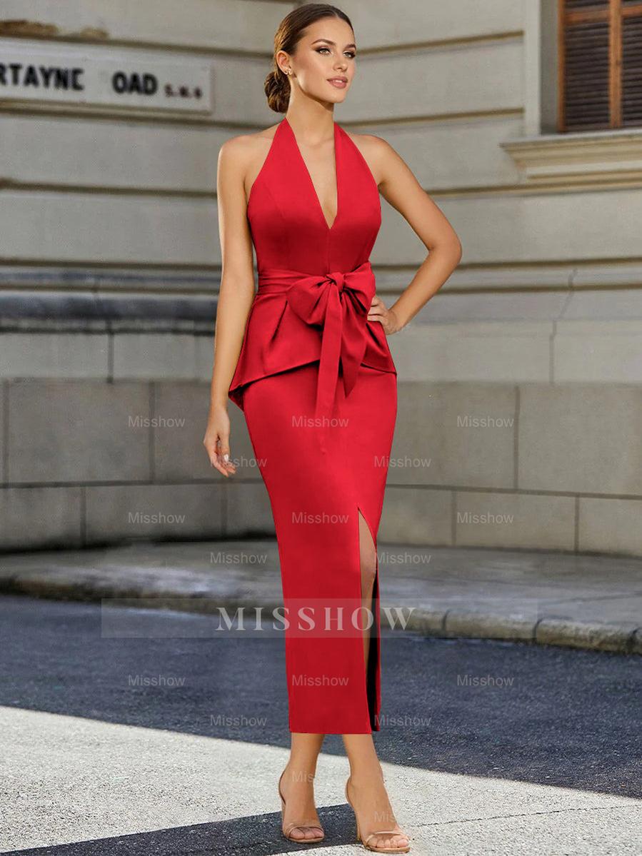 Tea-Length Sleeveless Halter Mother of the Bride Dress with Bowknot