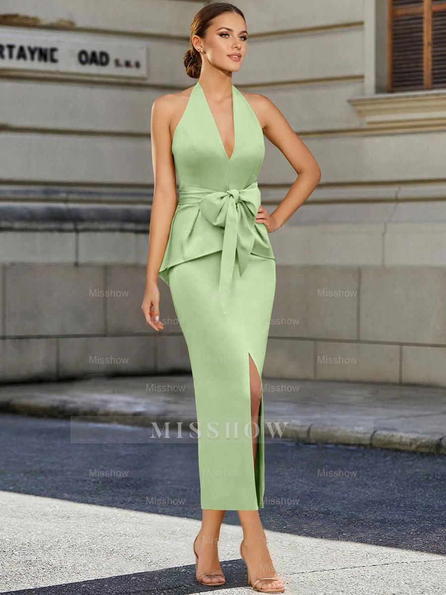 Tea-Length Sleeveless Halter Mother of the Bride Dress with Bowknot