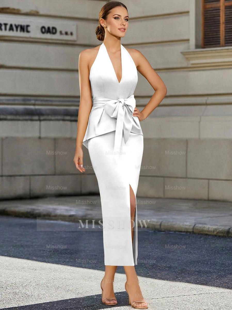 Tea-Length Sleeveless Halter Mother of the Bride Dress with Bowknot