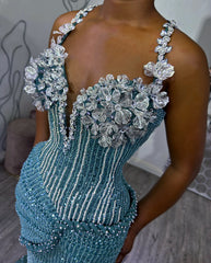 Teal Blue Mermaid Prom Dress Deep V Neck Spaghetti Straps 3D Floral Applique Crystal Strap Full Beaded Corset Lace Up Back Split Front Sweep Train Gown