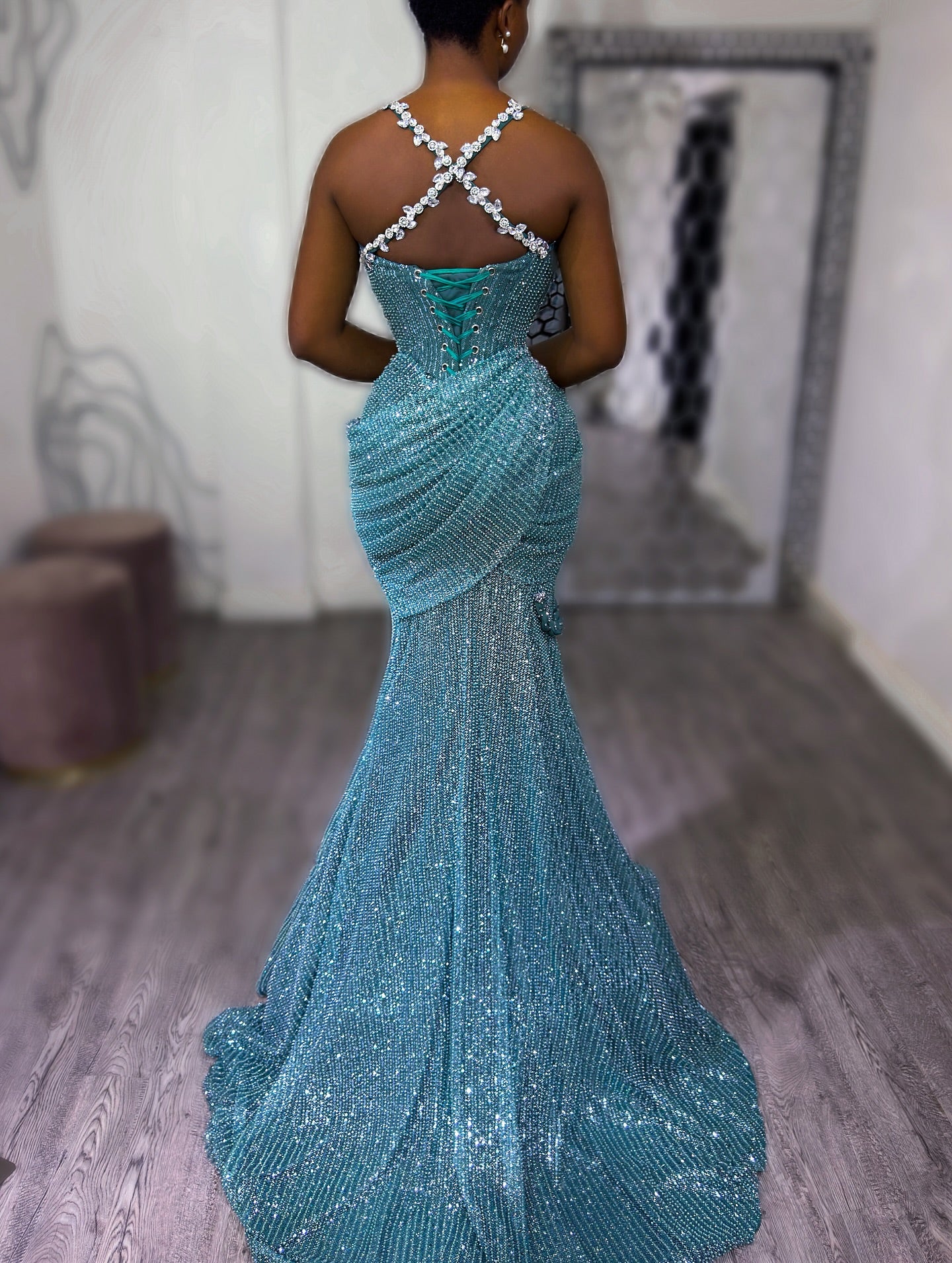 Teal Blue Mermaid Prom Dress Deep V 3D Floral Applique Crystal Strap Full Beaded Lace Up Back Split | Misshow misshow.com Teal Blue Mermaid Prom Dress Deep V 3D Floral Applique Crystal Strap Full Beaded Lace Up Back Split | Misshow misshow.com