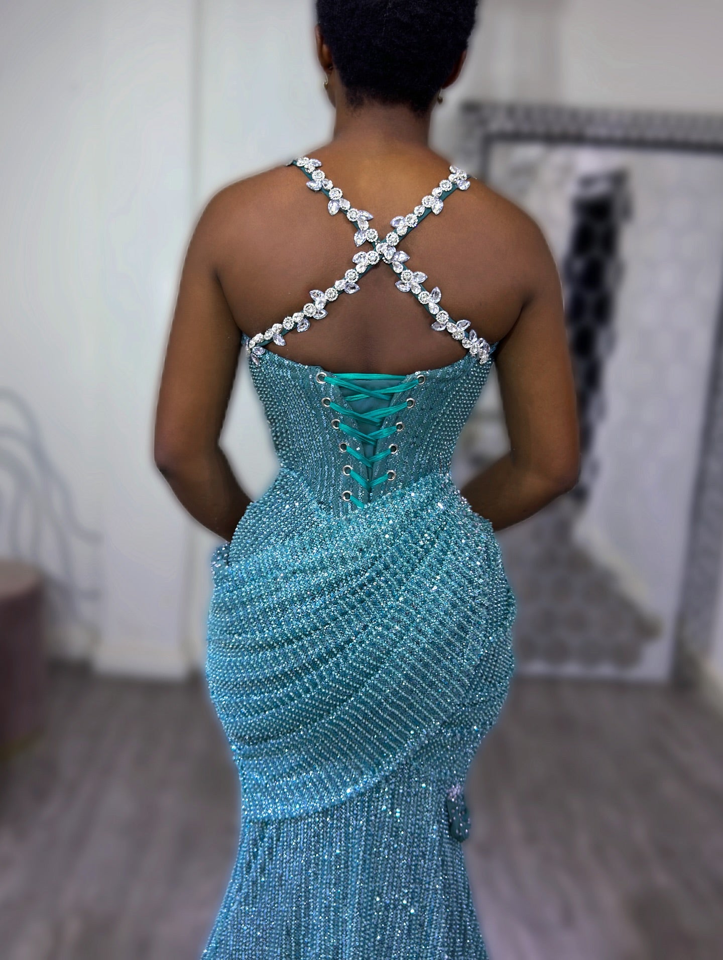 Teal Blue Mermaid Prom Dress Deep V Neck Spaghetti Straps 3D Floral Applique Crystal Strap Full Beaded Corset Lace Up Back Split Front Sweep Train Gown
