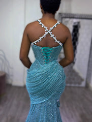 Teal Blue Mermaid Prom Dress Deep V Neck Spaghetti Straps 3D Floral Applique Crystal Strap Full Beaded Corset Lace Up Back Split Front Sweep Train Gown