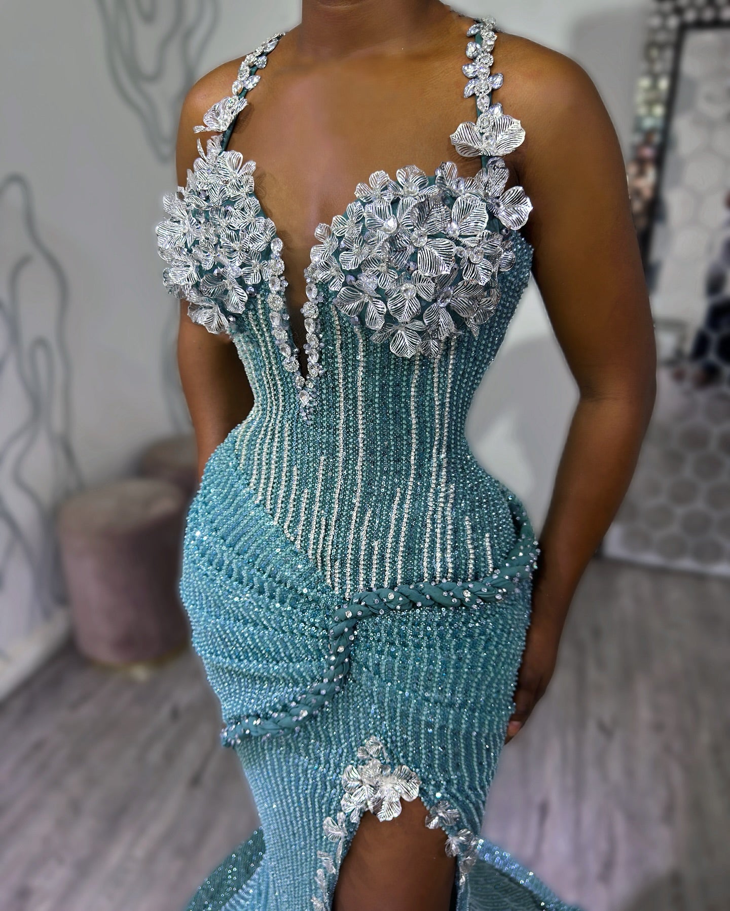 Teal Blue Mermaid Prom Dress Deep V Neck Spaghetti Straps 3D Floral Applique Crystal Strap Full Beaded Corset Lace Up Back Split Front Sweep Train Gown
