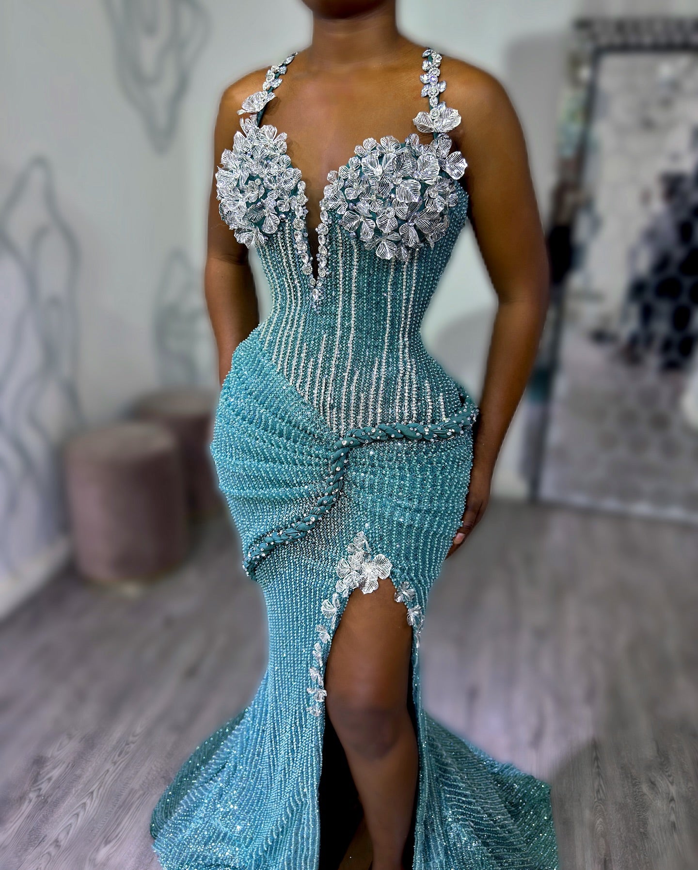 Teal Blue Mermaid Prom Dress Deep V Neck Spaghetti Straps 3D Floral Applique Crystal Strap Full Beaded Corset Lace Up Back Split Front Sweep Train Gown