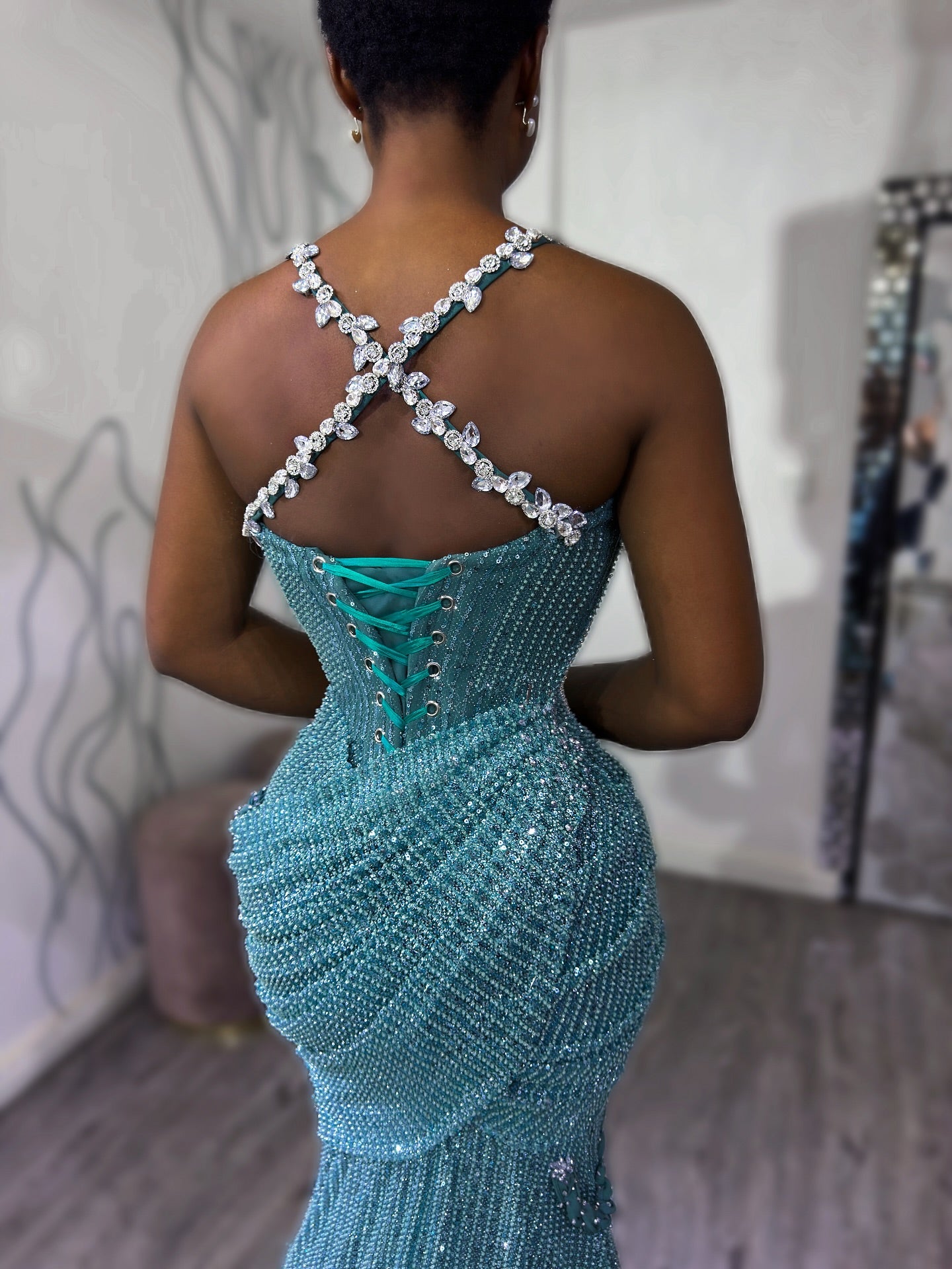 Teal Blue Mermaid Prom Dress Deep V Neck Spaghetti Straps 3D Floral Applique Crystal Strap Full Beaded Corset Lace Up Back Split Front Sweep Train Gown