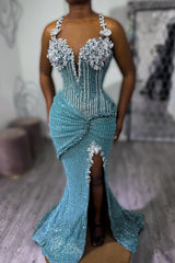 Teal Blue Mermaid Prom Dress Deep V Neck Spaghetti Straps 3D Floral Applique Crystal Strap Full Beaded Corset Lace Up Back Split Front Sweep Train Gown