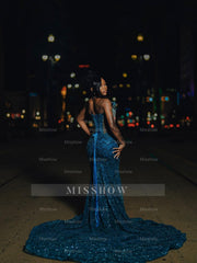 Teal v-neck beaded mermaid prom dress